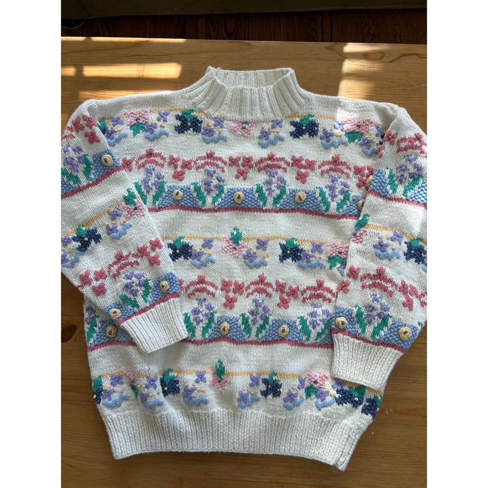 Le Moda Handknit Floral Embroidered Sweater Women S Pastel Mock Cottage Grandma